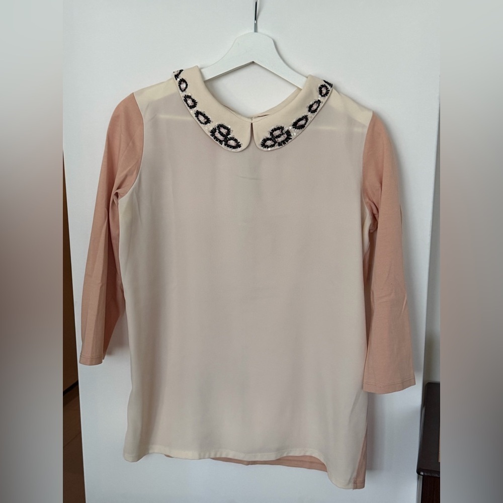 Max&Co Cream and Pink Floral Embroidered Top size M